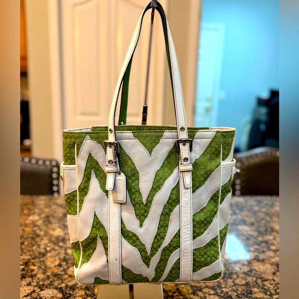 Coach Green and White Zebra Print Canvas Tote